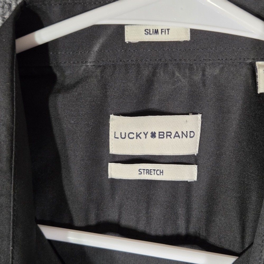 Lucky Brand Men XL Black Slim Fit Stretch Dress Shirt 17-17.5 34/35 Button Up - Picture 2 of 8